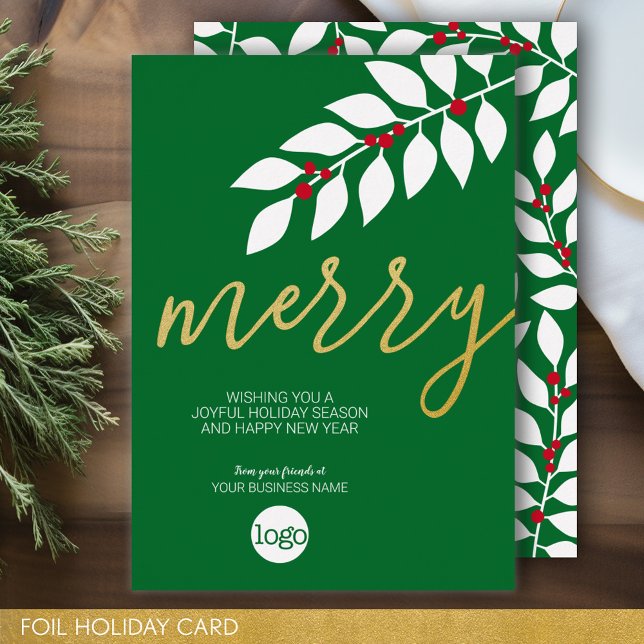 Business Christmas Greeting - Green Red Merry Gold Foil Holiday Card (Business Holiday Card - Add Your Logo to this Foil Accented Office Card)