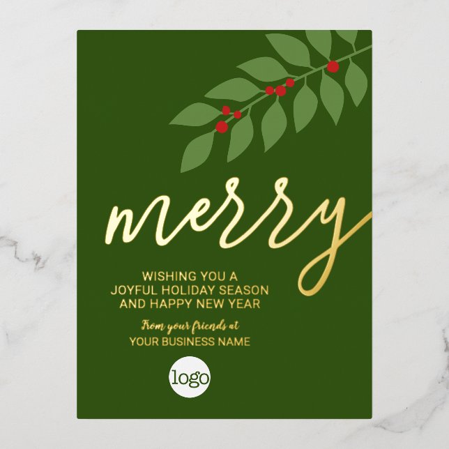 Business Christmas Greeting Merry Green Leaf Gold Foil Holiday Postcard (Front)