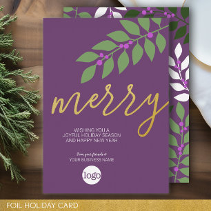 Business Christmas Greeting - Purple - Merry Gold Foil Holiday Card