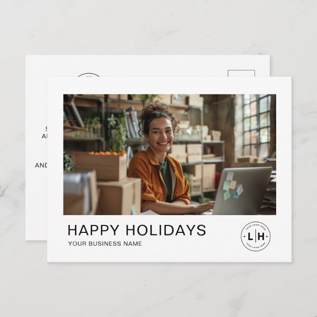 Business Christmas Minimalist Photo Logo Holiday Postcard (Front/Back)