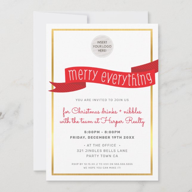 BUSINESS CHRISTMAS PARTY modern festive red ribbon Holiday Card (Front)