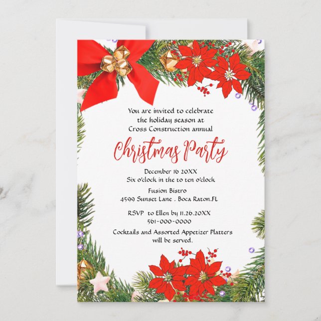 Business Christmas Party Wreath with Poinsettia  Invitation (Front)