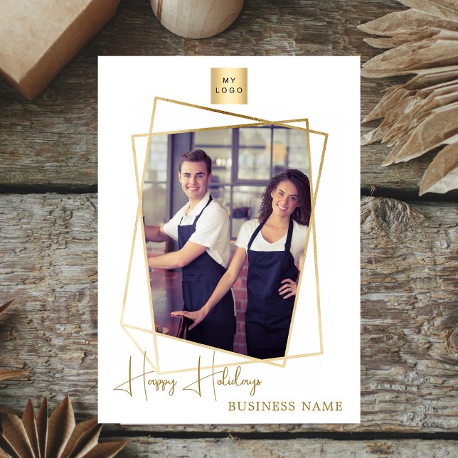 Business Christmas photo geometric gold logo Holiday Card (Creator Uploaded)