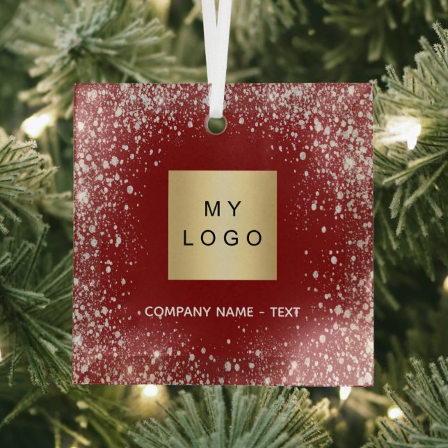 Business comapany logo red silver glitter glass tree decoration (Insitu)