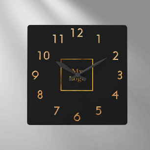 Business company logo black gold square wall clock