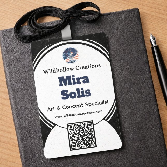 Business Conference Event Badge ID Badge (Modern event badge with QR code, bold name layout, and clean professional conference design)