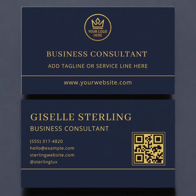 Business Consultant Blue Gold Logo QR Code Business Card (Creator Uploaded)