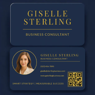 Business Consultant Navy Blue Gold Photo QR Code Card