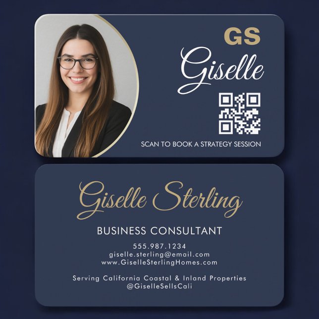Business Consultant Photo QR Code Navy Blue Gold Business Card (Creator Uploaded)