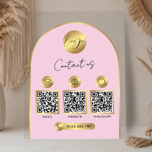 Business Contact Info Pink & Gold Logo QR Code Acrylic Sign