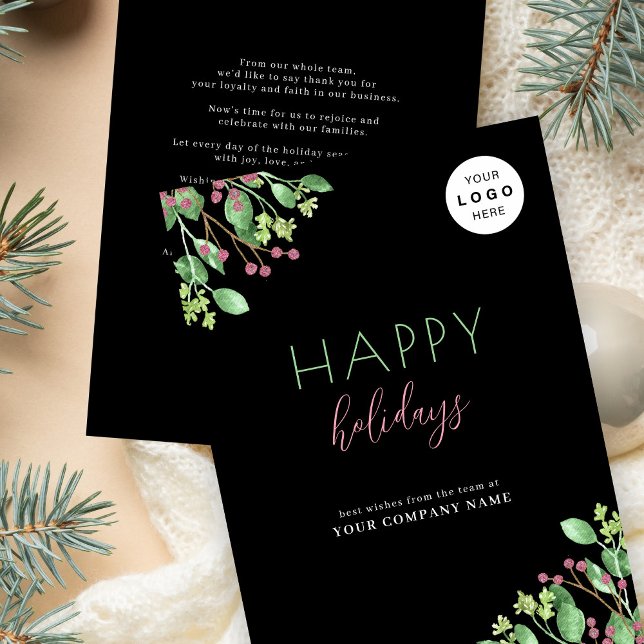 Business corporate LOGO Happy Holidays black Holiday Card (Creator Uploaded)