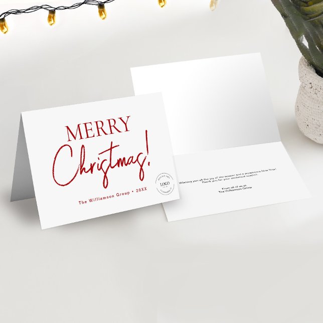 Business Corporate Logo RED Script Merry Christmas Holiday Card (5 x 7 holiday Merry Christmas script Business greeting thank you card with logo and message.)