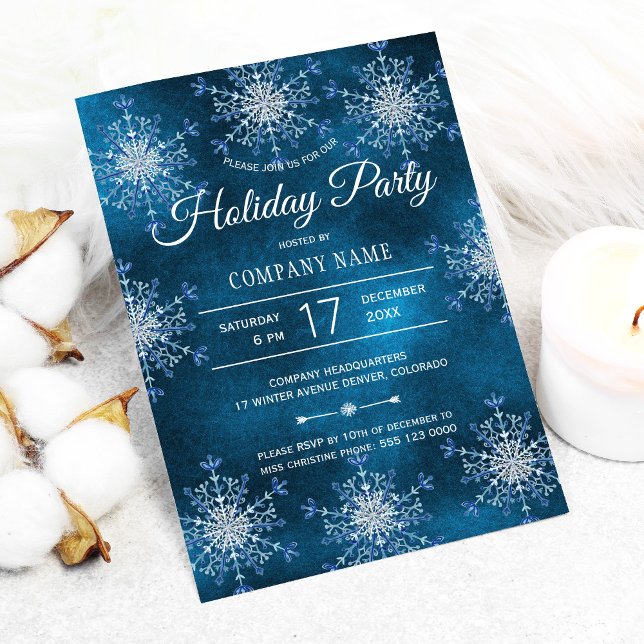Business corporate snowflakes navy holiday party invitation (Creator Uploaded)