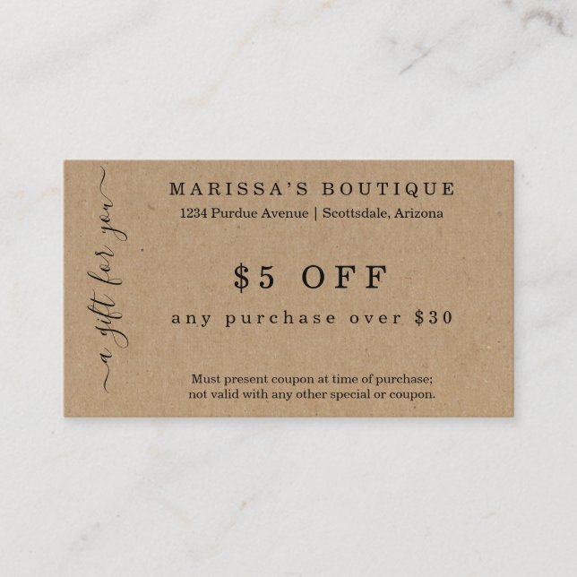 Business Coupon Card on Kraft Paper (Front)