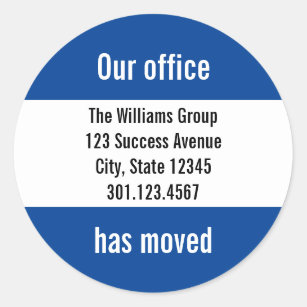 Business Dark Blue and White Moving Announcement Classic Round Sticker