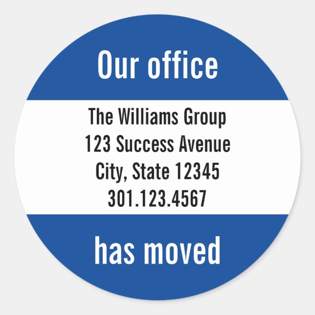 Business Dark Blue and White Moving Announcement Classic Round Sticker (Front)