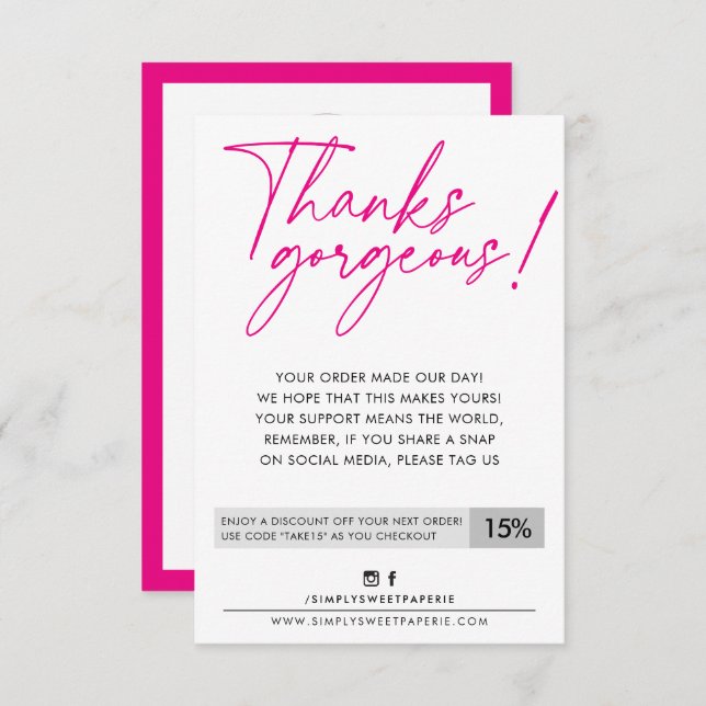 BUSINESS DISCOUNT modern ball pen hot pink Thank You Card (Front/Back)