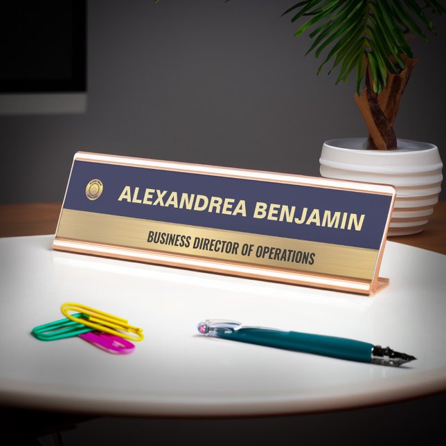 Business Employee Logo Gold Blue Modern Custom Desk Name Plate (Business Employee Logo Gold Blue Modern Custom Desk Name Plate is elegant for your office. )