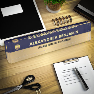 Business Employee Logo Gold Blue Modern Custom Nameplate