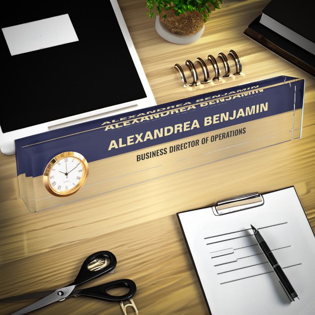 Business Employee Logo Gold Blue Modern Custom Nameplate (Business Employee Logo Gold Blue Modern Custom Desk Name Plate is great as a gift to professional. )