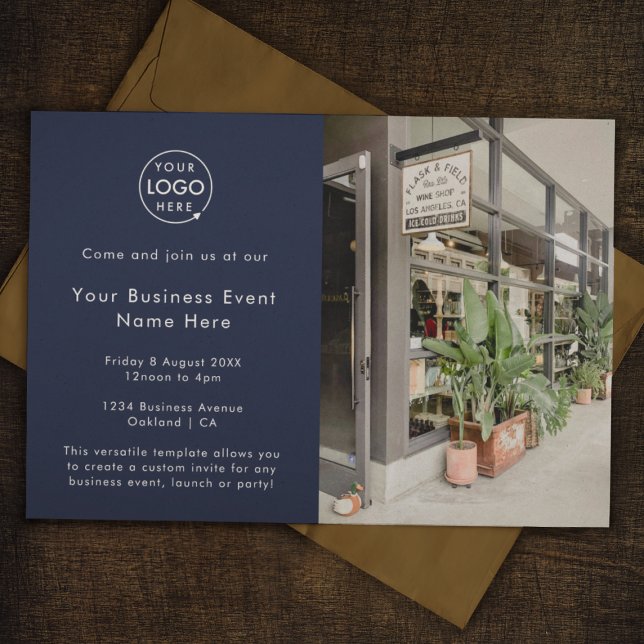 Business Event | Navy Blue Modern Professional Invitation (Stylish navy blue photo business event invitation by Guava - sleek, modern, and customizable)