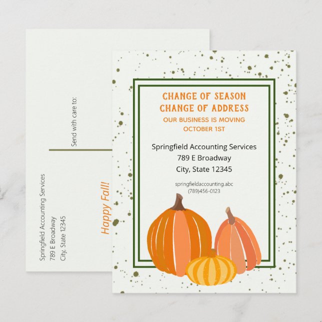 Business Fall Pumpkin Change of Address  Announcement Postcard (Front/Back)
