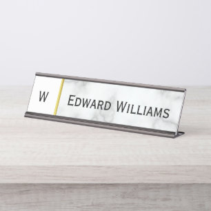 Business Faux White Marble Elegant Monogram Desk Name Plate