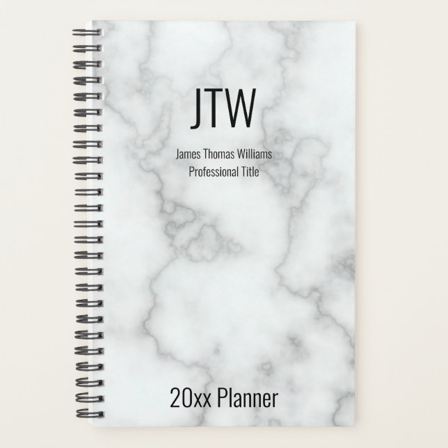 Business Faux White Marble Name Monogram Job Title Planner (Front)
