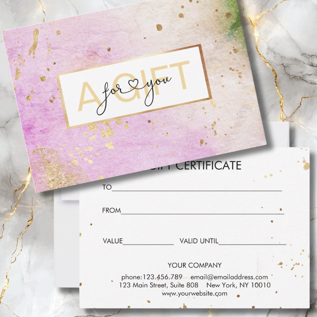 BUSINESS GIFT CERTIFICATE | Modern watercolor (Modern, Watercolor gift voucher, pink, green, gold (no foil). Just edit it with your name/data. )