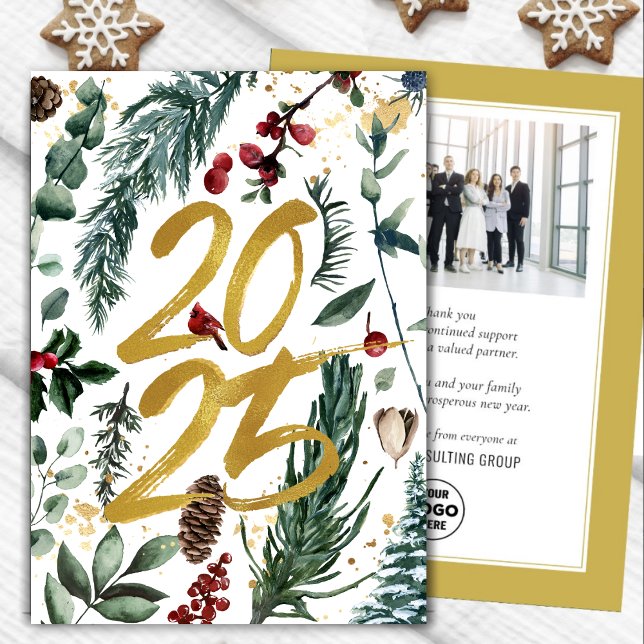 Business Gold 2025 Festive Christmas Pine Bough Holiday Card (Creator Uploaded)