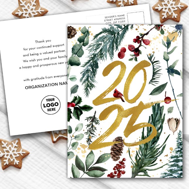 Business Gold 2025 Festive Christmas Pine Bough Holiday Postcard (Creator Uploaded)