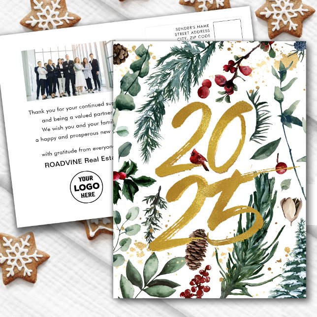 Business Gold 2025 Festive Christmas Pine Bough Holiday Postcard (Creator Uploaded)