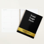 Business Gold and Black Name Logo Appointment Book Planner<br><div class="desc">A display image is near the top of this black appointment book. You can replace the image with your company logo. Two lines of black display text are on a faux (not foil) gold stripe bottom. You can edit them to show your name and a custom message such as the...</div>