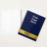 Business Gold Dark Blue Name Logo Appointment Book Planner<br><div class="desc">A display image is near the top of this dark midnight blue appointment book. You can replace the image with your company logo. Two lines of dark midnight blue display text are on a faux (not foil) gold stripe bottom. You can edit them to show your name and a custom...</div>