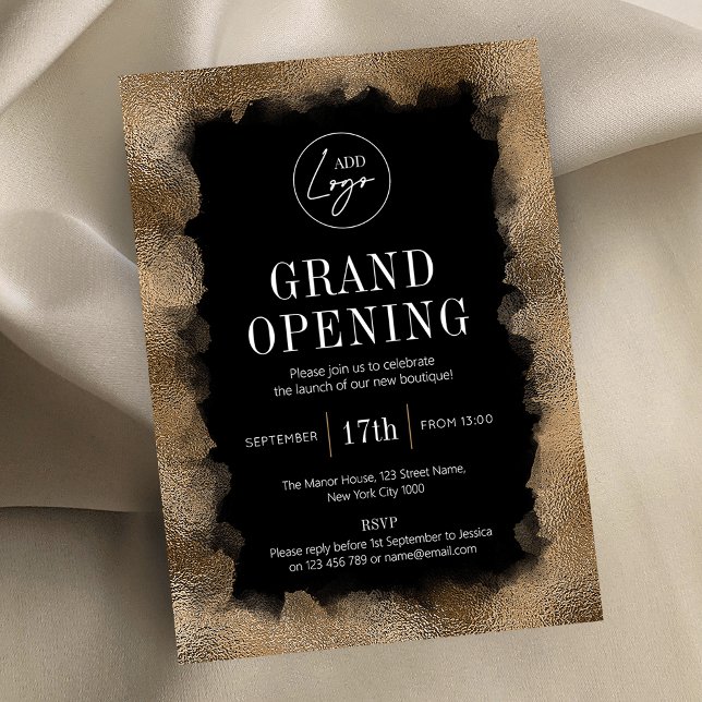 Business Grand Opening Black & Gold Glitter Logo Invitation (Elegant business launch event invitation featuring gold glitter effects and your logo)