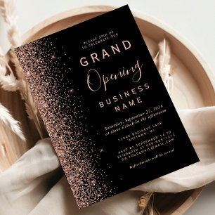 Business Grand Opening Black Rose Gold Glitter Invitation