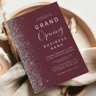 Business Grand Opening Burgundy Silver Glitter Invitation