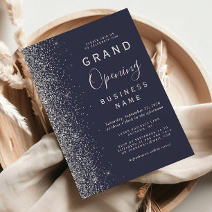 Business Grand Opening Dark Blue Silver Glitter Invitation