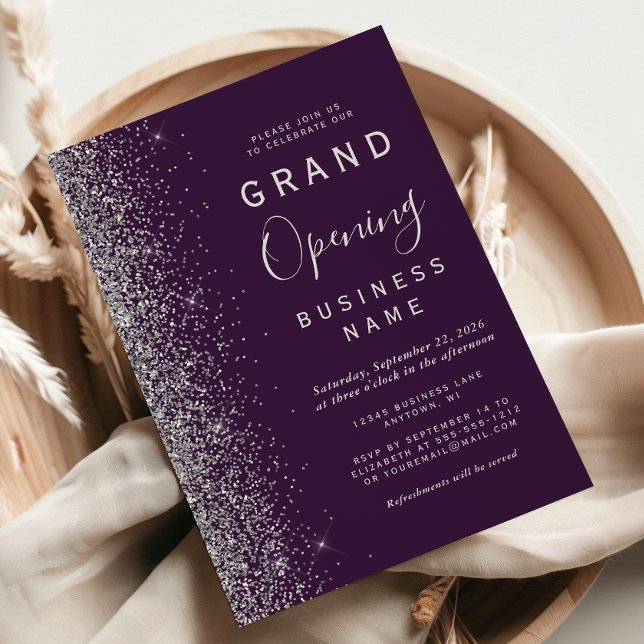 Business Grand Opening Dark Purple Silver Glitter Invitation (Creator Uploaded)
