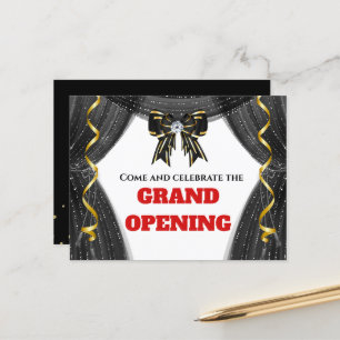 Business grand opening gold black curtain bow VIP Announcement Postcard