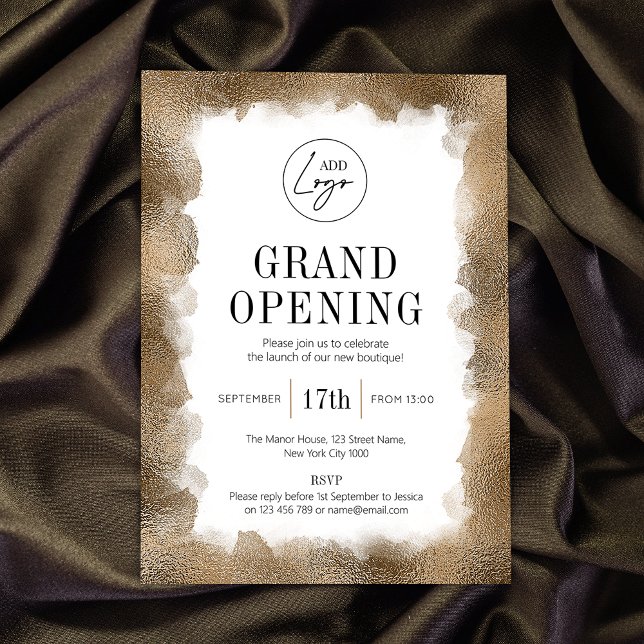 Business Grand Opening Gold Glitter Modern Logo Invitation (Professional business grand opening invitations with gold glitter and fully editable text & logo)