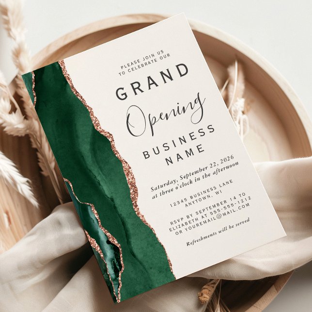 Business Grand Opening Green Rose Gold Agate Invitation (Creator Uploaded)