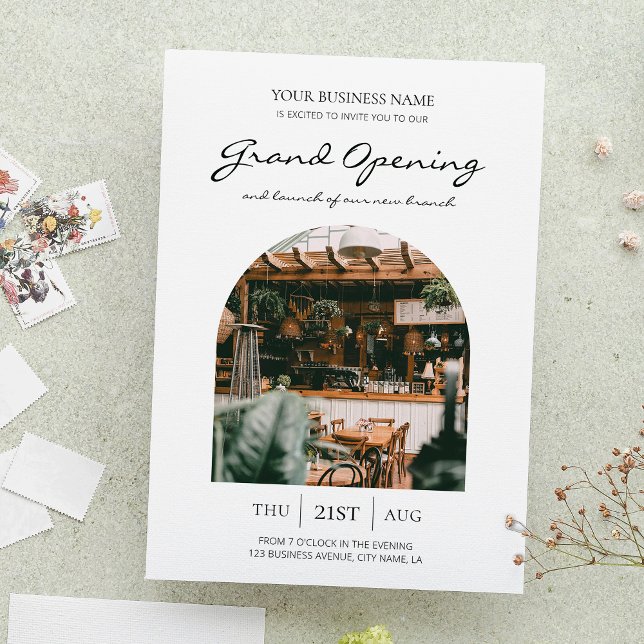 Business Grand Opening Launch Event Photo Invitation (Modern business grand opening photo invitation with script fonts and one large photo)