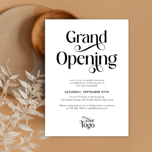 Business Grand Opening Modern Script Logo Elegant Invitation (Stylish Business Grand Opening Event Invitations featuring swirly serif fonts and a modern layout)