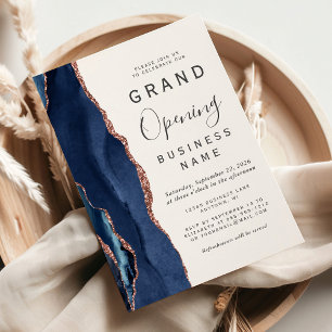 Business Grand Opening Navy Rose Gold Agate Invitation