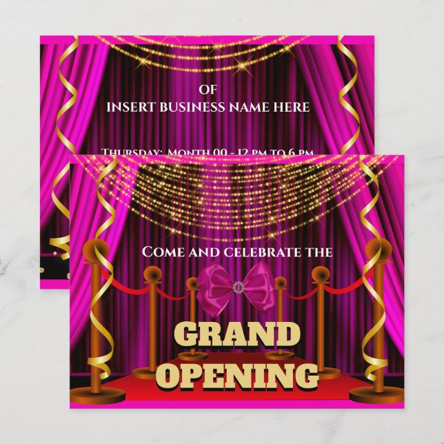 Business grand opening pink gold red VIP party Announcement Postcard (Front/Back)