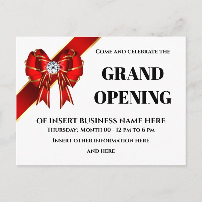 Business grand opening red bow ribbon VIP guests Announcement Postcard (Front)