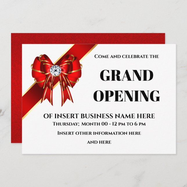 Business grand opening red bow ribbon VIP guests Save The Date (Front/Back)