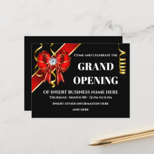 Business grand opening red gold black bow ribbon announcement postcard