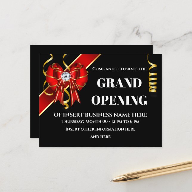 Business grand opening red gold black bow ribbon  announcement postcard (Front/Back In Situ)